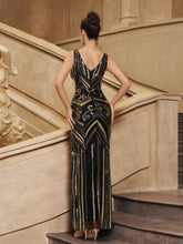 Gold Sequin Graphic Split Cocktail Dress